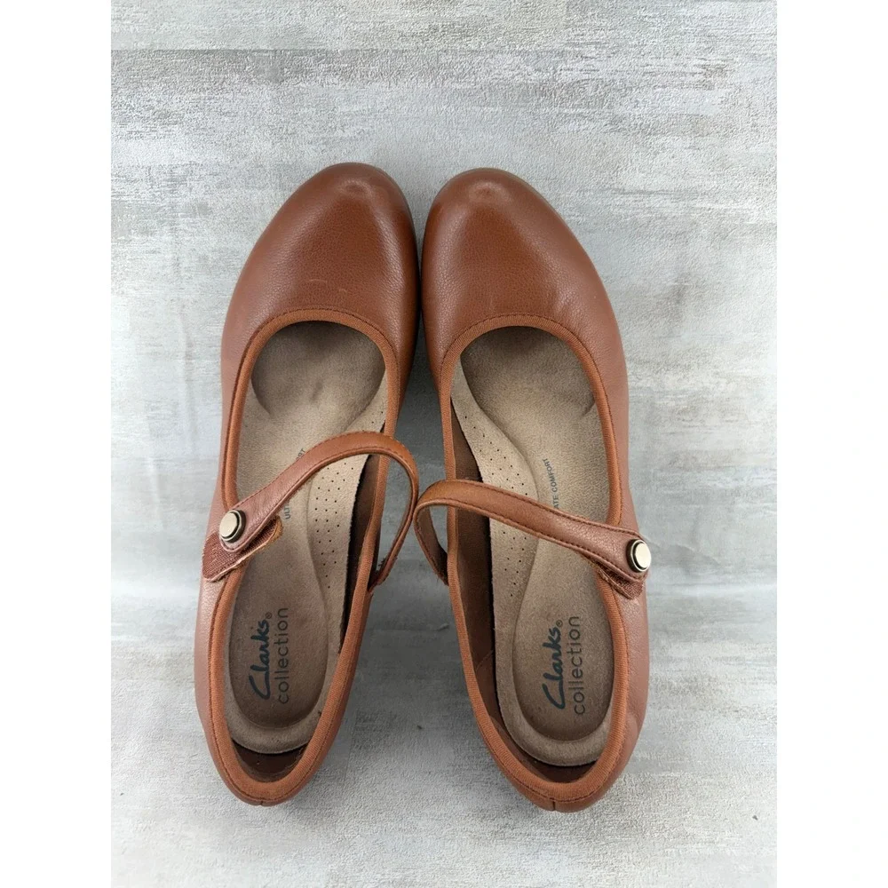 Clarks Collection Brown Leather Mary Jane Pumps Block Heel Women Sz 7.5M